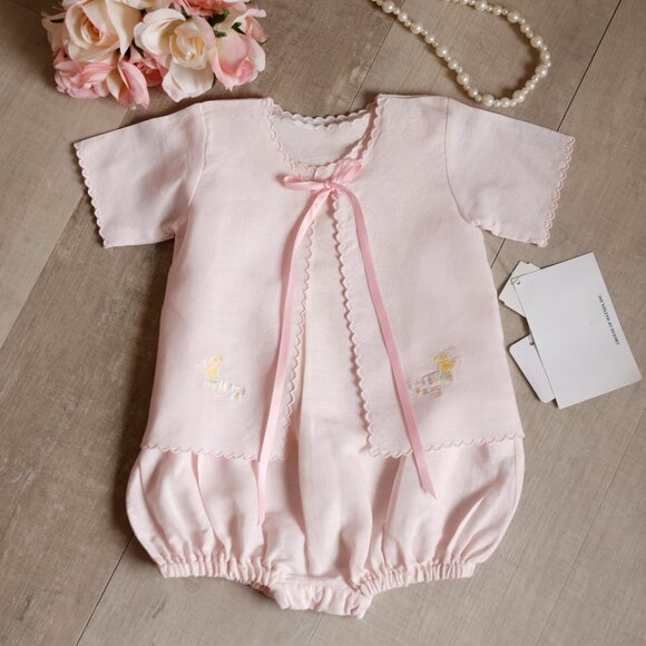 RARE Pink Linen Romper Bubble Set Boutique Hand Embroidery Ducks 3/6 Months NWT